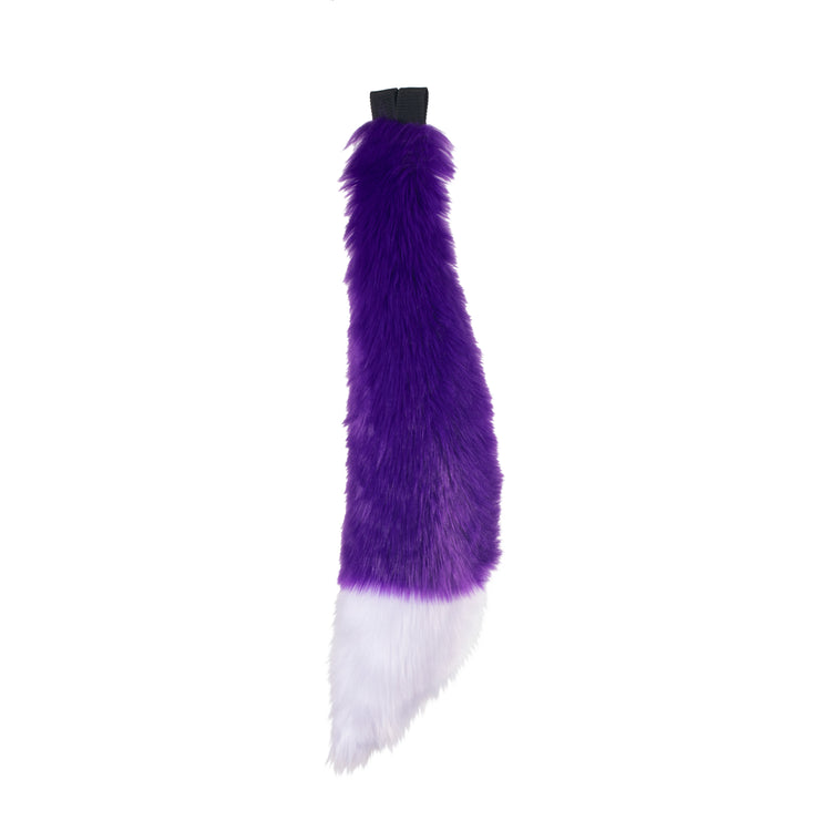purple and white Pawstar furry fox tail made from vegan friendly faux fur. Great for halloween, cosplay and partial fursuits.