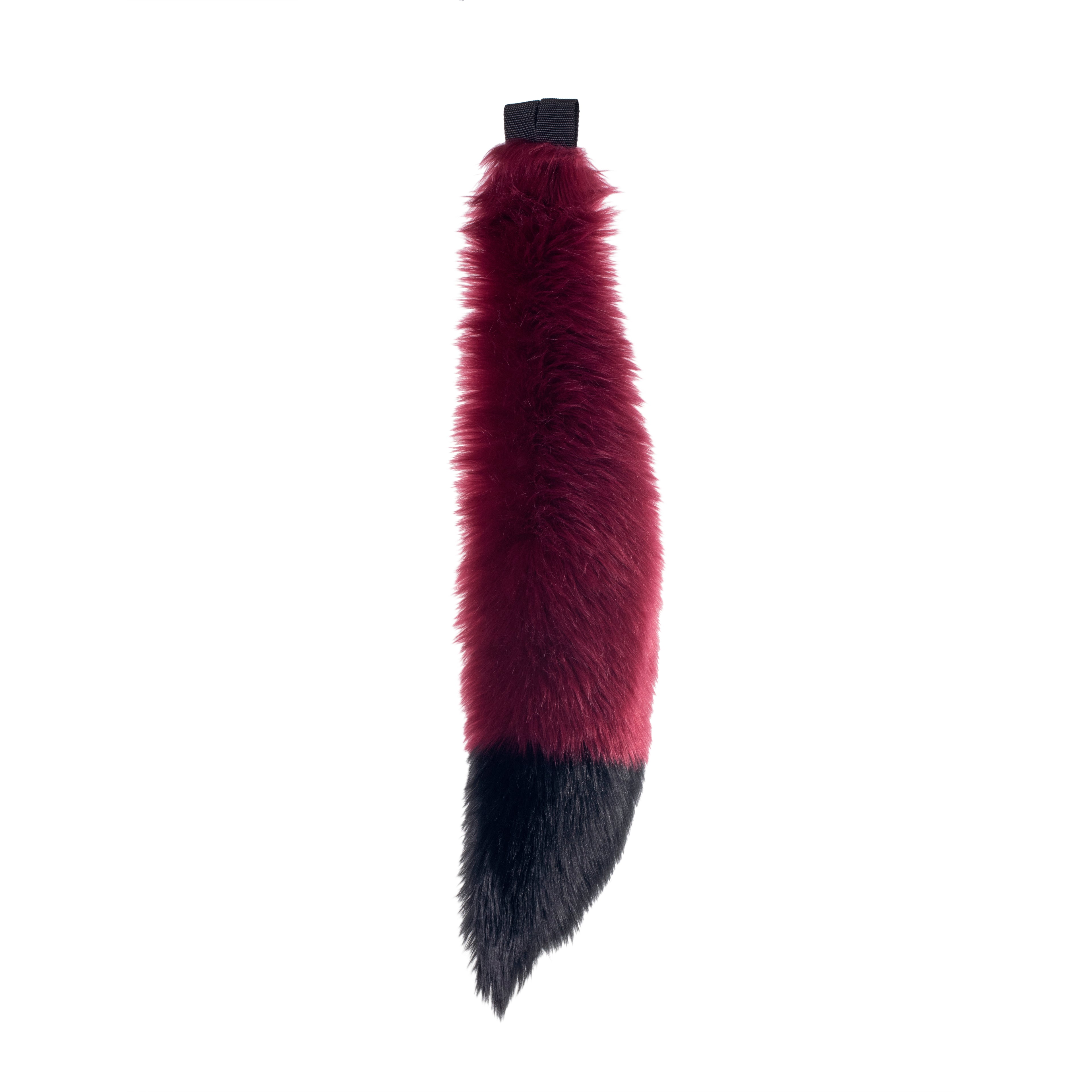 merlot and black Full size fox tail by pawstar. These faux fur tails are perfect for cosplay, halloween costumes, partial fursuit and more. Made in the USA since 2003.