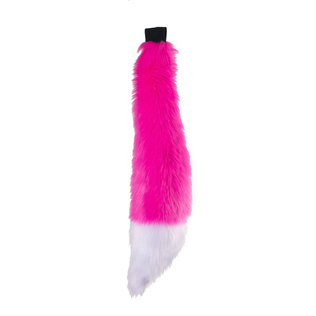 hot pink and white Pawstar furry fox tail made from vegan friendly faux fur. Great for halloween, cosplay and partial fursuits.