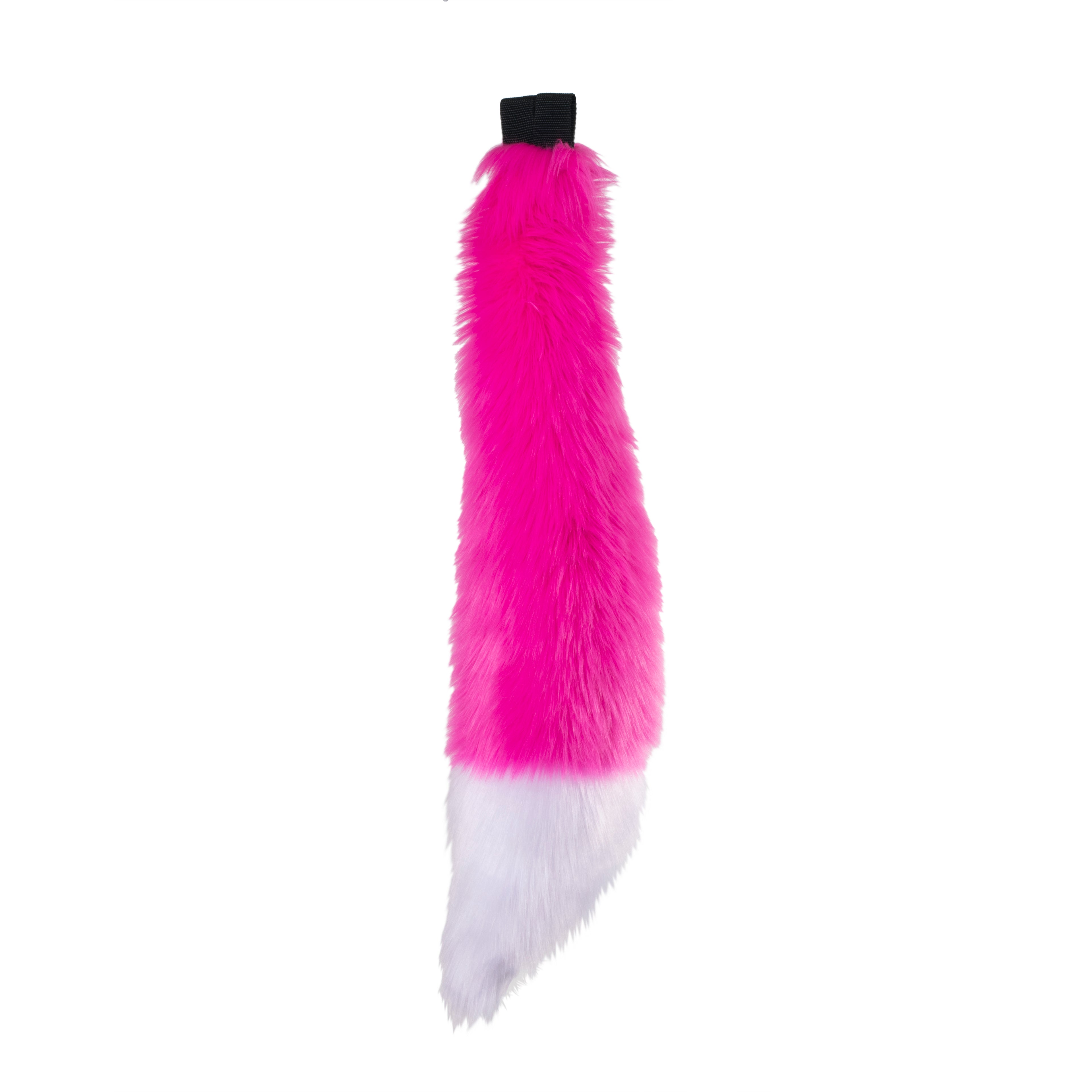 hot pink and white Full size fox tail by pawstar. These faux fur tails are perfect for cosplay, halloween costumes, partial fursuit and more. Made in the USA since 2003.