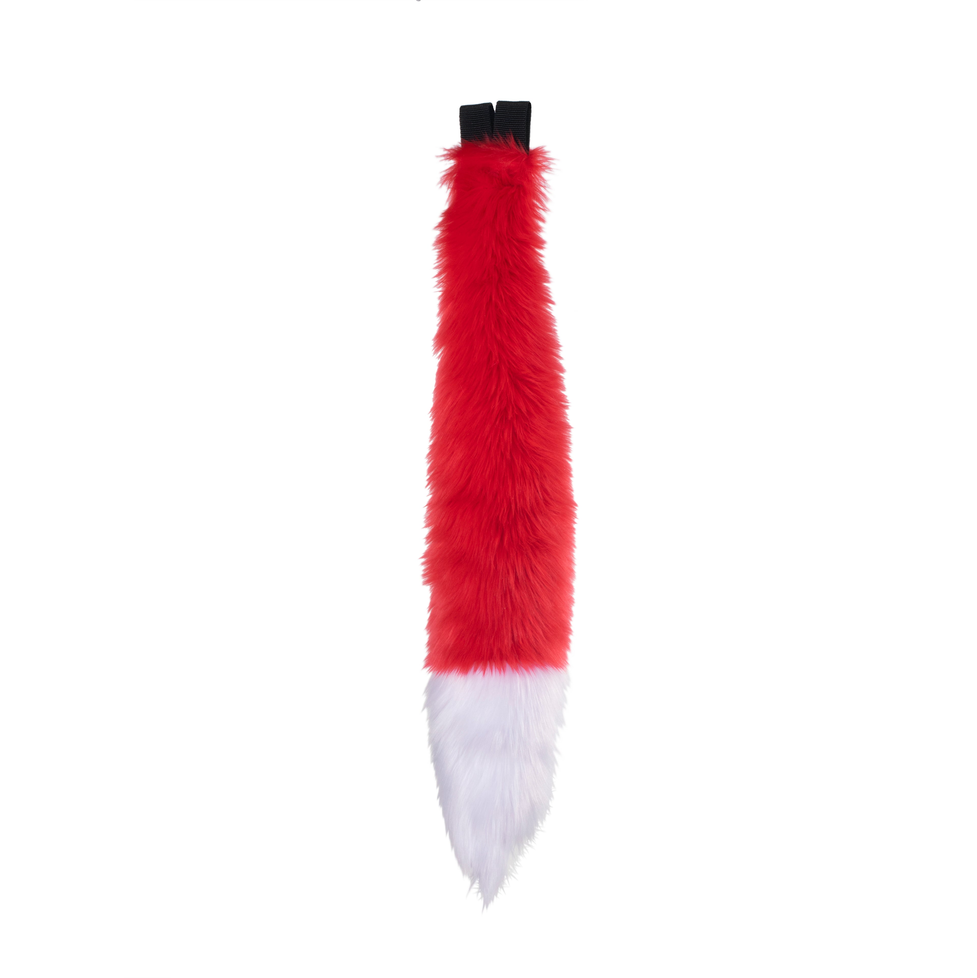 red and white Full size fox tail by pawstar. These faux fur tails are perfect for cosplay, halloween costumes, partial fursuit and more. Made in the USA since 2003.