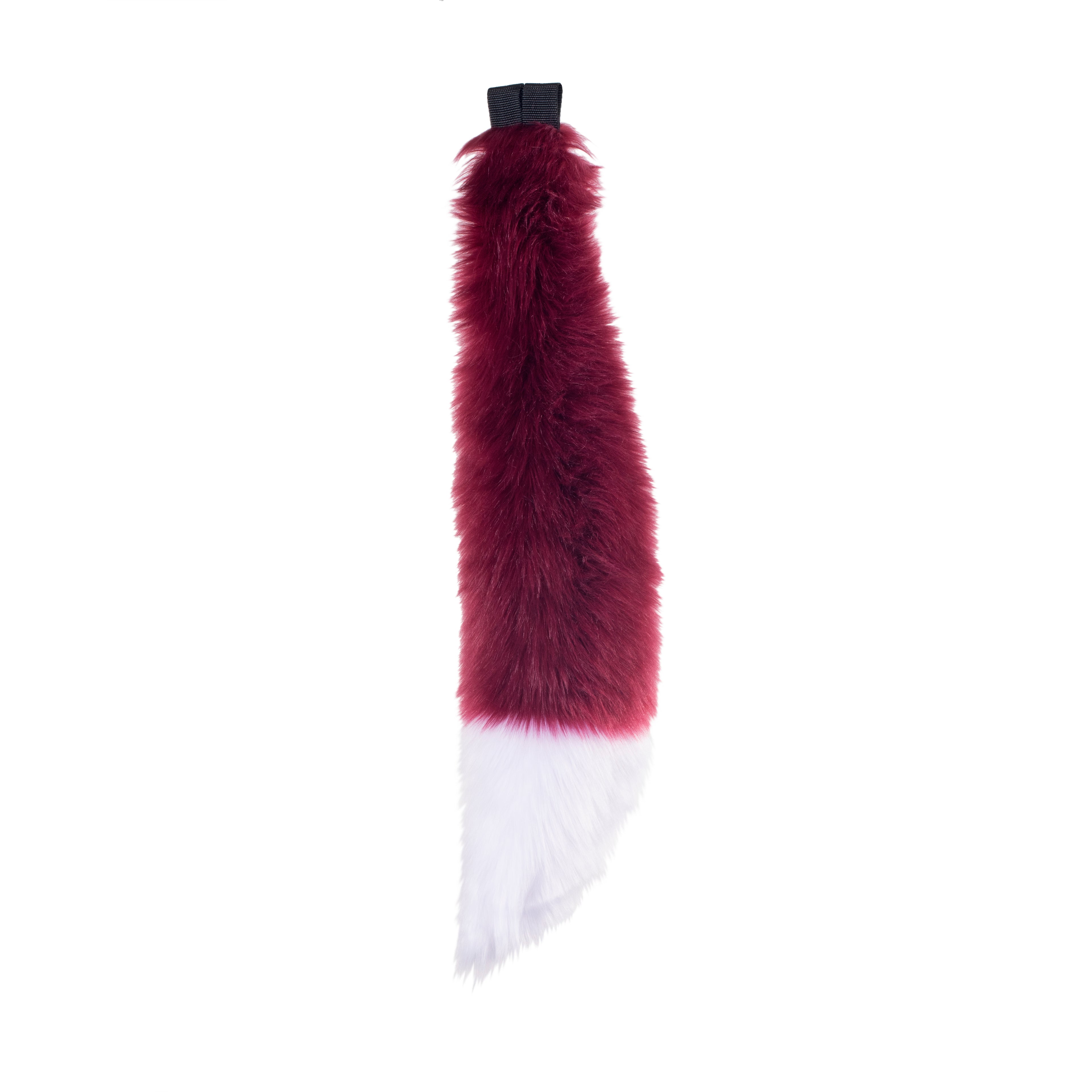 merlot burgundy and white Full size fox tail by pawstar. These faux fur tails are perfect for cosplay, halloween costumes, partial fursuit and more. Made in the USA since 2003.