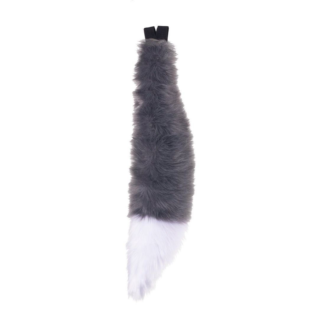 gray and white Pawstar furry fox tail made from vegan friendly faux fur. Great for halloween, cosplay and partial fursuits.