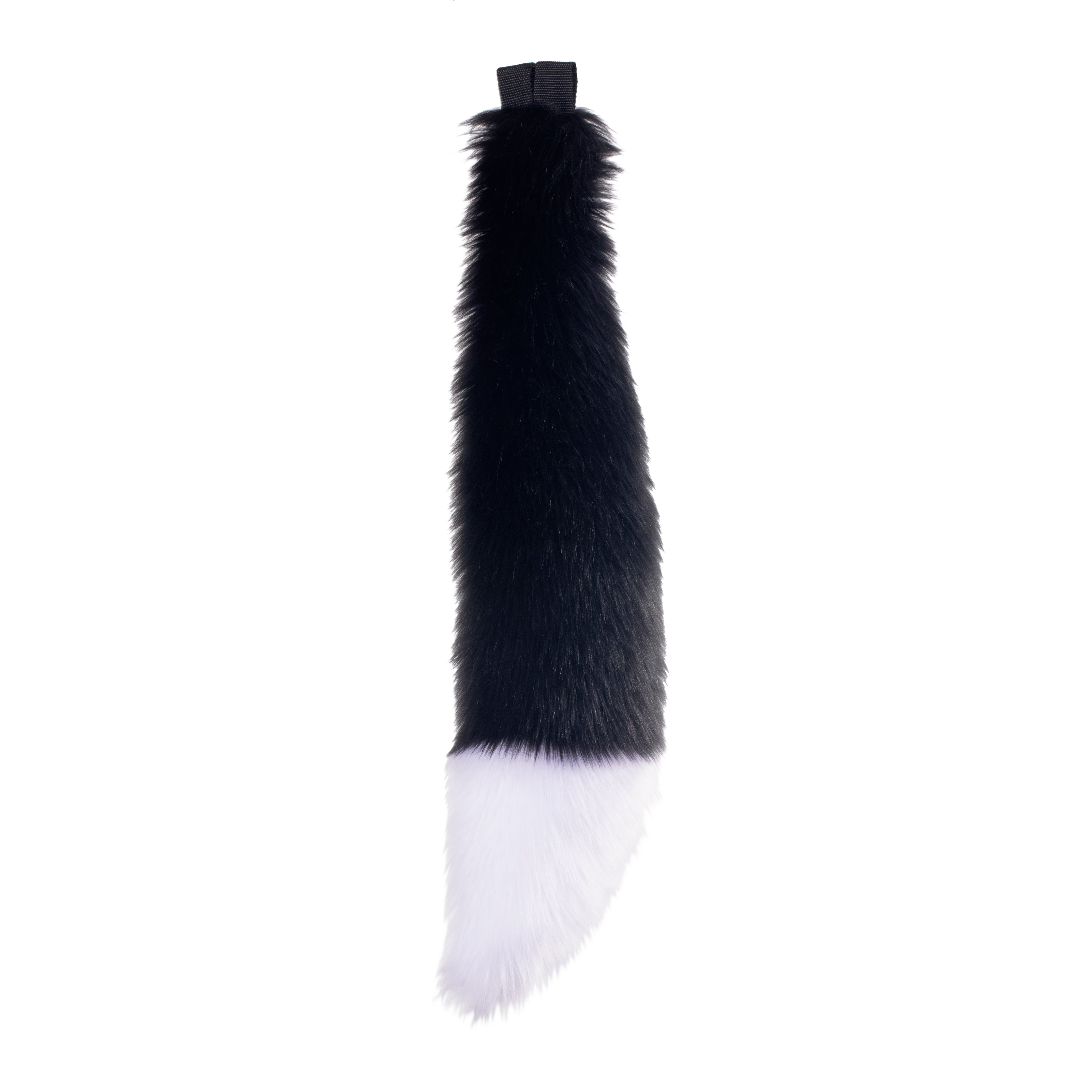 white and black Pawstar furry fluffy faux fur yip tip fox tail. For costumes, cosplay and furry.