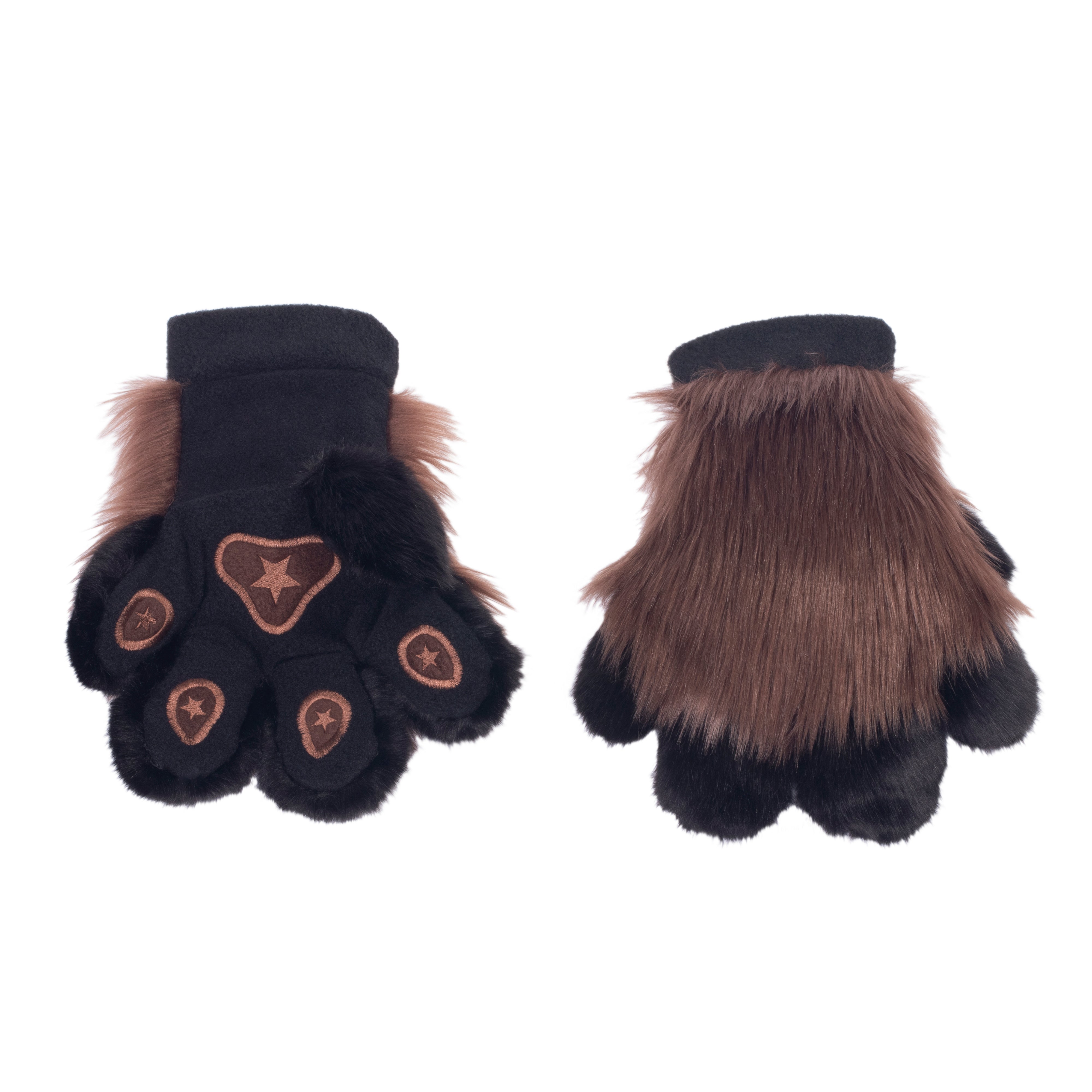 brown Pawstar furry fluffy fursuit partial hand paw gloves. Made from faux fur. Perfect for furries, cosplayers, and hallowee.