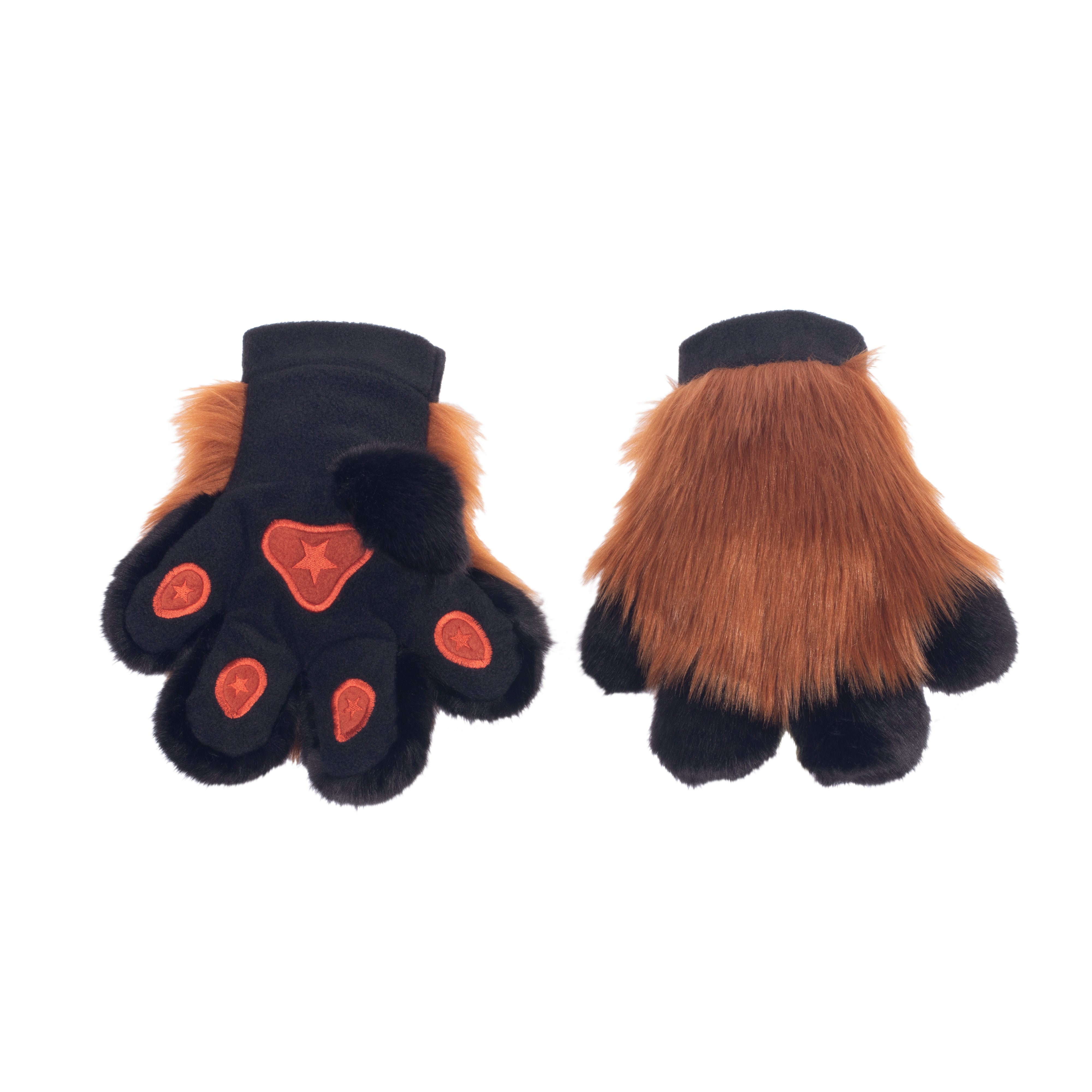 rust brown Pawstar furry fluffy fursuit partial hand paw gloves. Made from faux fur. Perfect for furries, cosplayers, and hallowee.