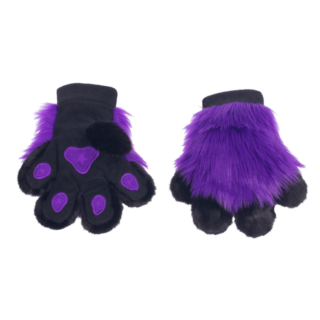 purple Pawstar furry fluffy fursuit partial hand paw gloves. Made from faux fur. Perfect for furries, cosplayers, and hallowee.