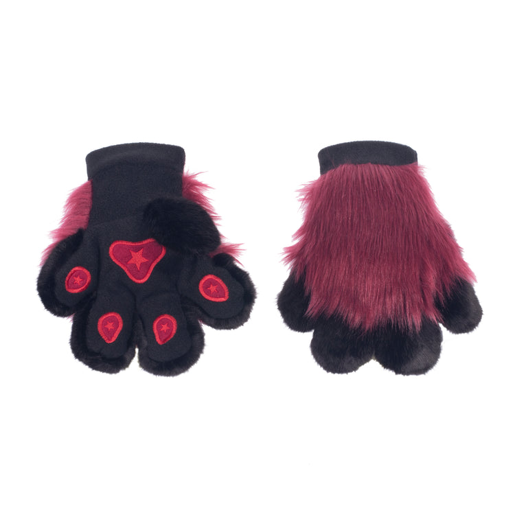 merlot burgandy Pawstar furry fluffy fursuit partial hand paw gloves. Made from faux fur. Perfect for furries, cosplayers, and hallowee.