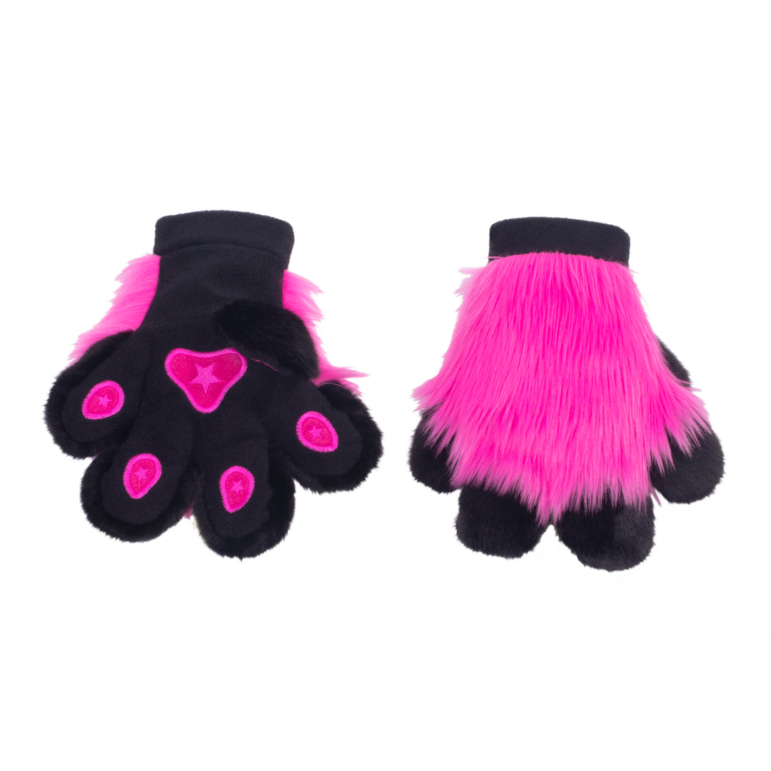 hot pink Pawstar furry fluffy fursuit partial hand paw gloves. Made from faux fur. Perfect for furries, cosplayers, and hallowee.