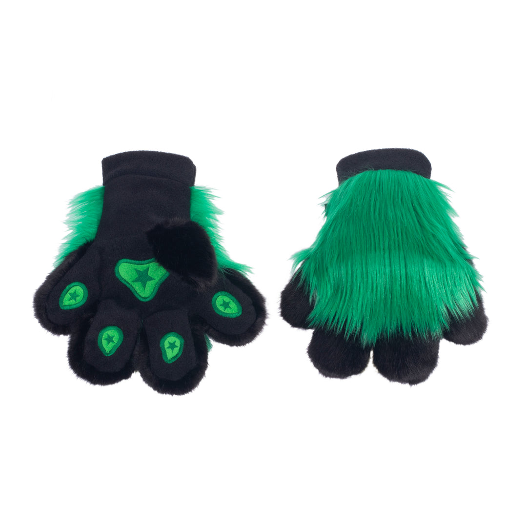 lime green Pawstar furry fluffy fursuit partial hand paw gloves. Made from faux fur. Perfect for furries, cosplayers, and halloween.