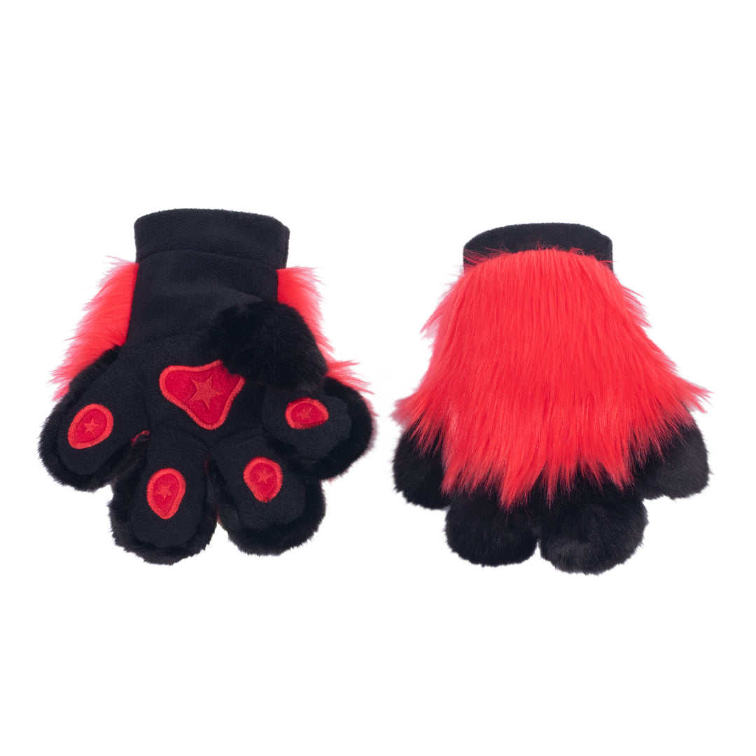 red Pawstar furry fluffy fursuit partial hand paw gloves. Made from faux fur. Perfect for furries, cosplayers, and halloween.