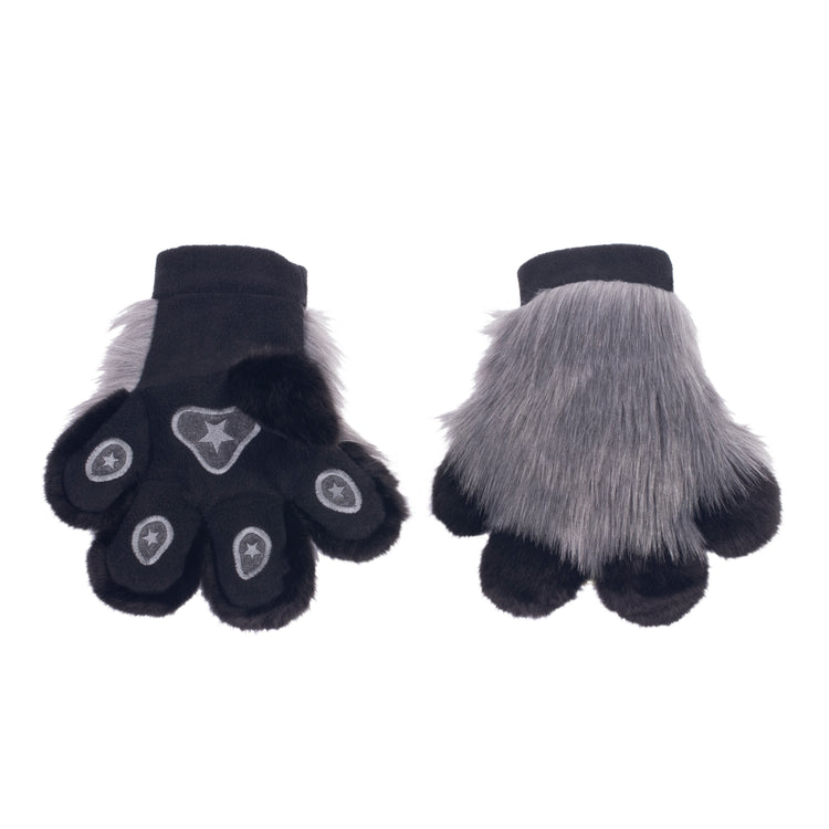 gray Pawstar furry fluffy fursuit partial hand paw gloves. Made from faux fur. Perfect for furries, cosplayers, and halloween.