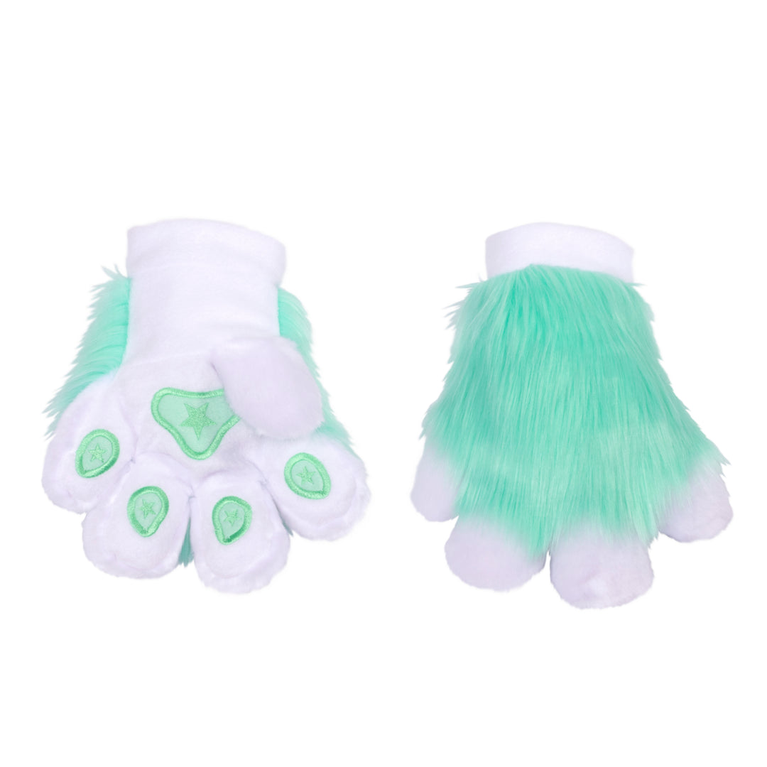 pastel kawaii mint Pawstar furry fluffy fursuit partial hand paw gloves. Made from faux fur. Perfect for furries, cosplayers, and halloween.