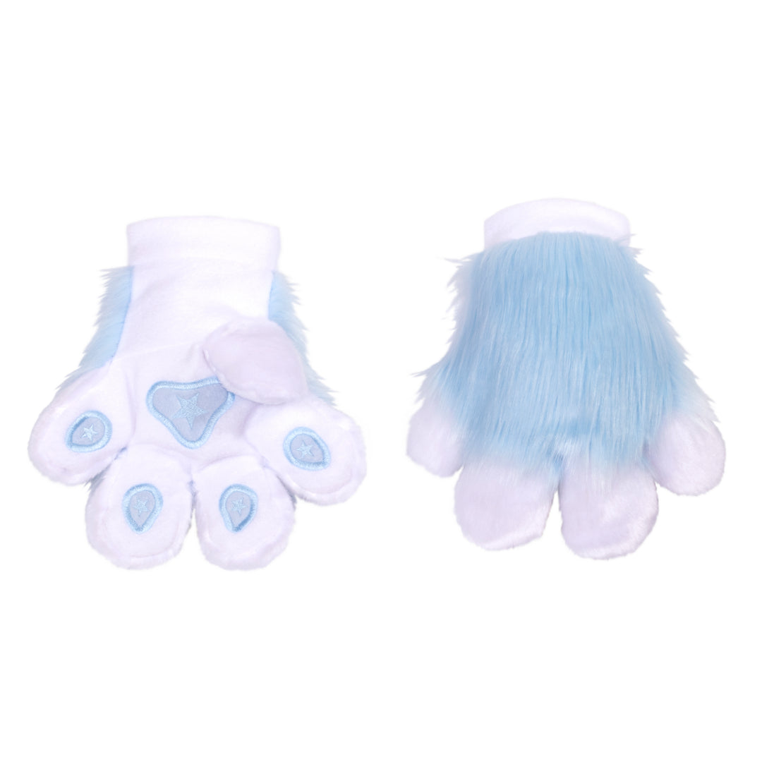pastel kawaii light blue Pawstar furry fluffy fursuit partial hand paw gloves. Made from faux fur. Perfect for furries, cosplayers, and halloween.