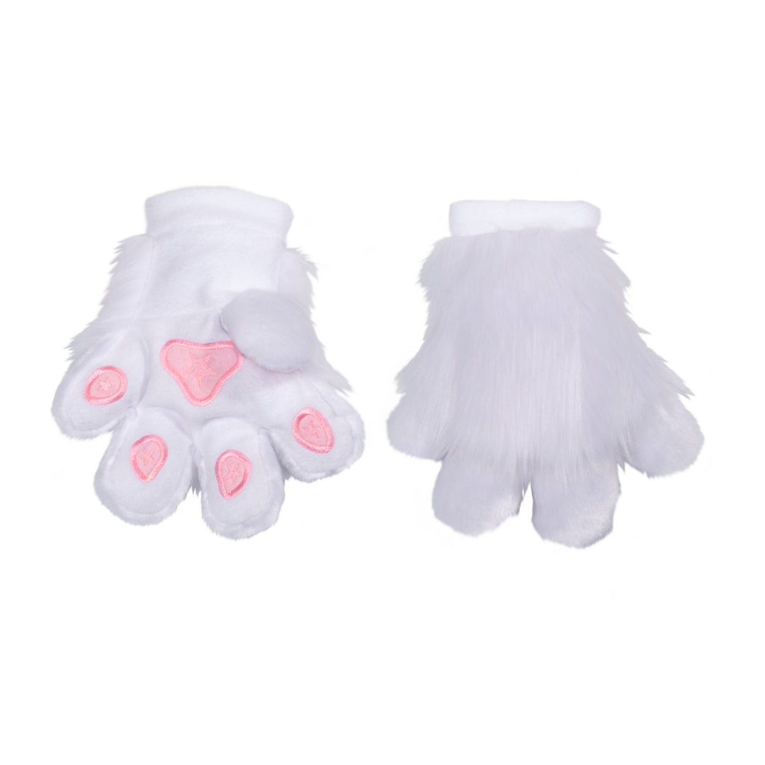 White kawaii Pawstar furry fluffy fursuit partial hand paw gloves. Made from faux fur. Perfect for furries, cosplayers, and halloween.