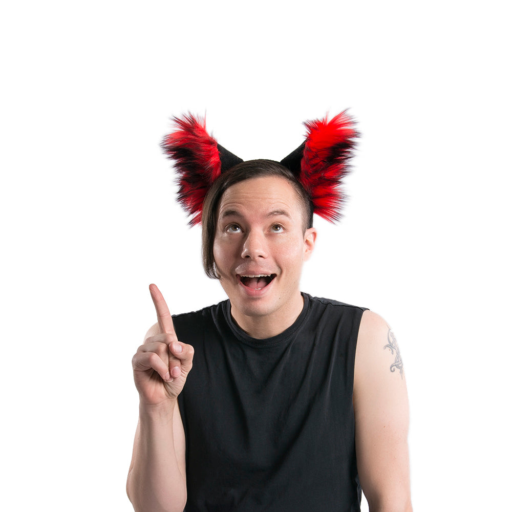 red Pawstar fluffy wolf ear headband. Great halloween costume and furry cosplay.