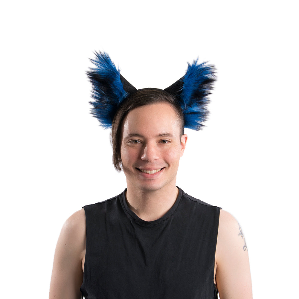 Blue Wild Wolf Ear Headband by Pawstar for costumes, cosplay, fursuit, fashion, therian on model