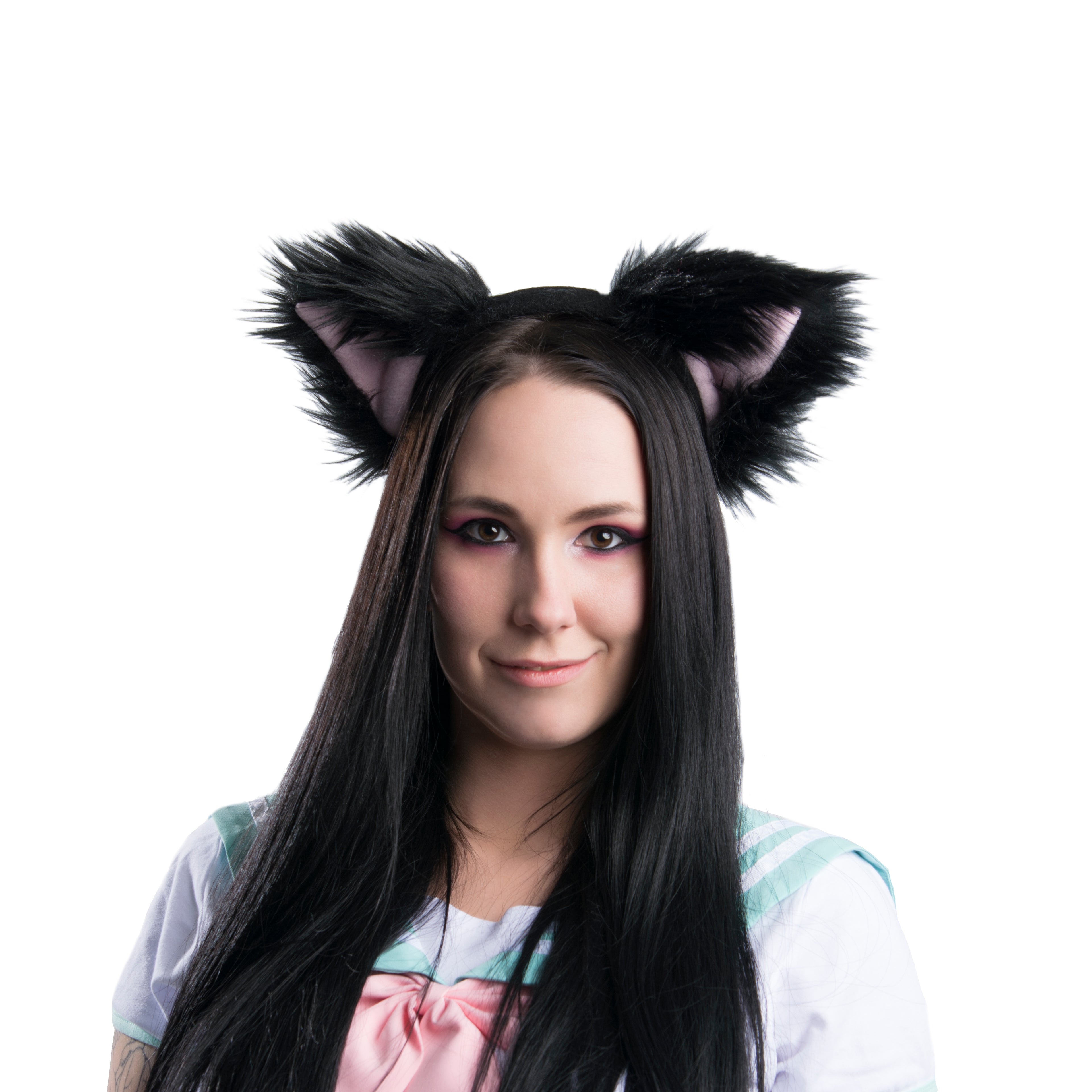 Black/Pink Cat Ears, Fluffy Mew Ear Headband - Pawstar cat ear headband for costumes, cosplay, fursuit, fashion, therian
