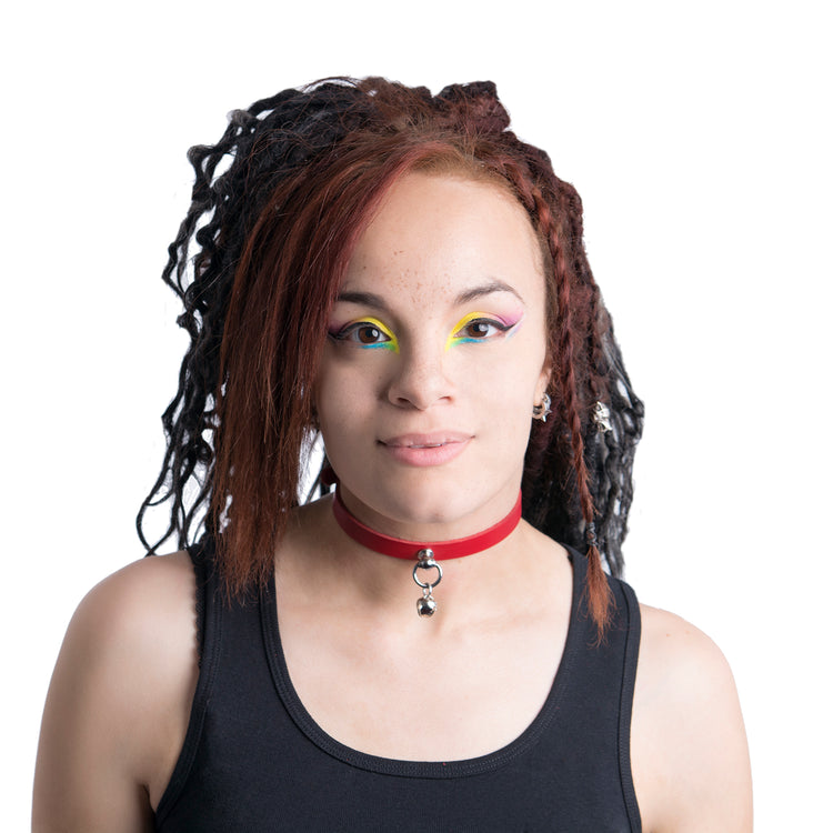 red Pawstar leather Mini Kitty Bell collar for costume cosplay and cat girls.