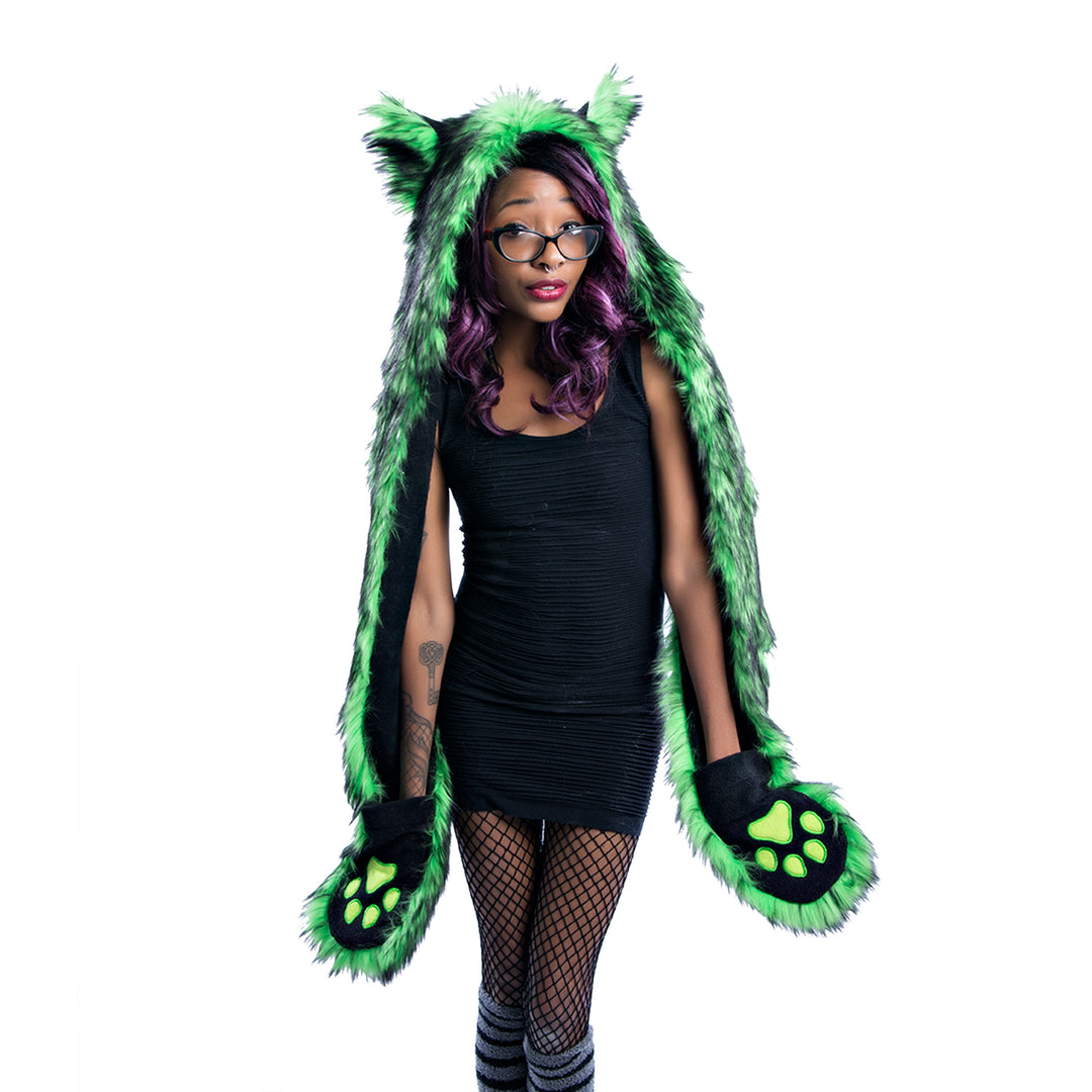 Lime green  Wild Wolf Fur Paws At You Hood - faux fur vegan friendly furry cosplay frestival hat