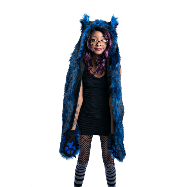 blue  Wild Wolf Fur Paws At You Hood - faux fur vegan friendly furry cosplay frestival hat