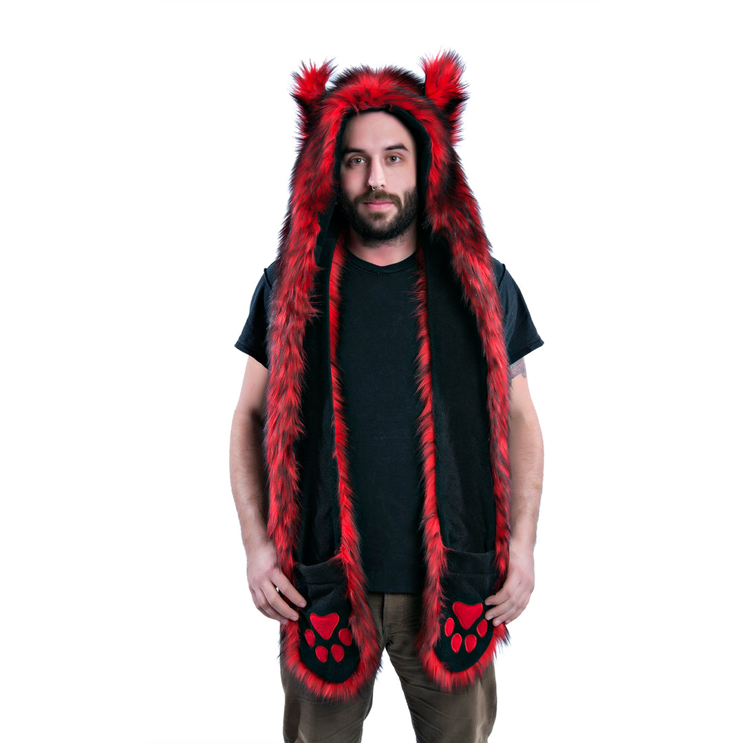 red Wild Wolf Fur Paws At You Hood - faux fur vegan friendly furry cosplay frestival hat