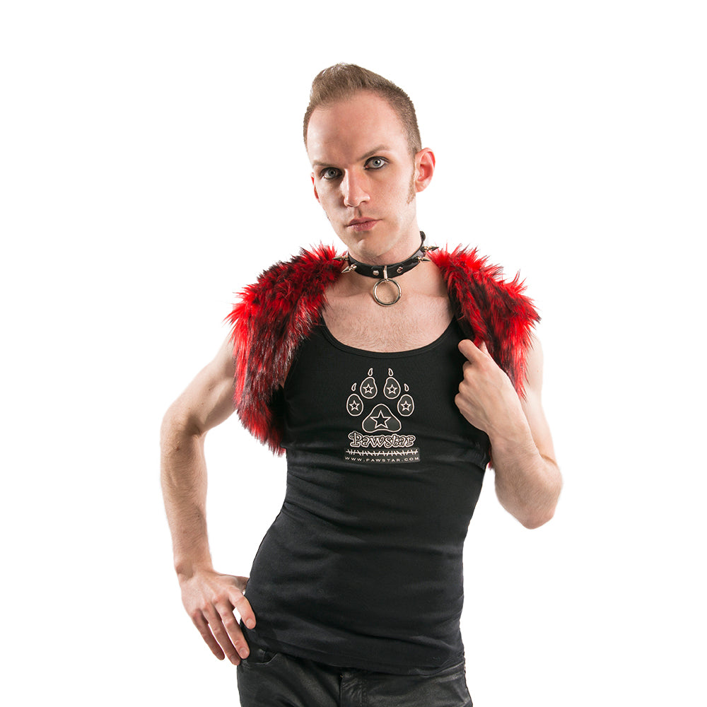 red Pawstar faux fur fashion vest. For halloween costume and furry cosplay.