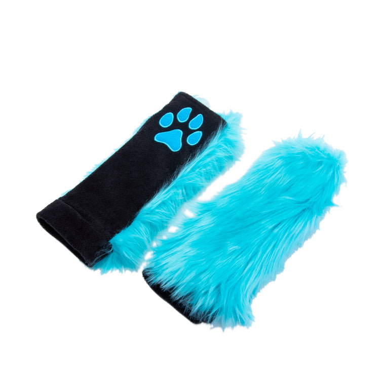 turquoise teal Pawstar PawWarmer furry faux fur paws. great for cosplay or partial fursuit.