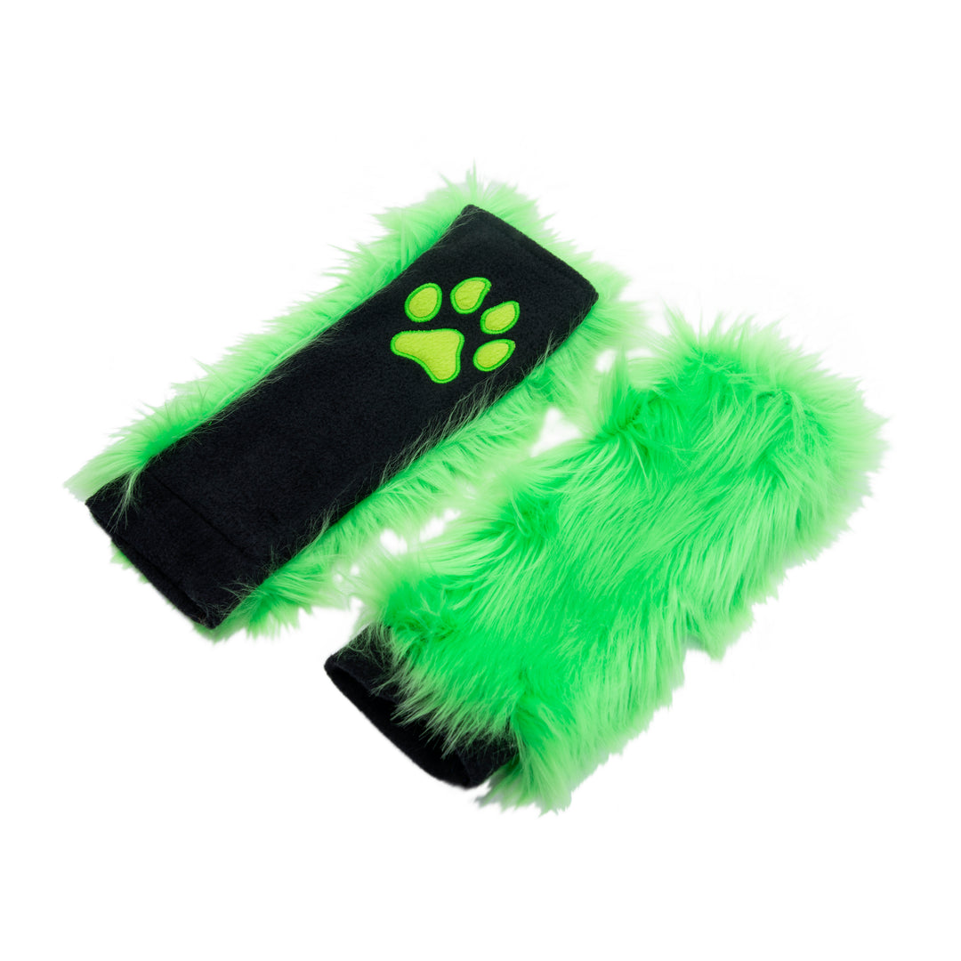 lime green Pawstar PawWarmer furry faux fur paws. great for cosplay or partial fursuit.