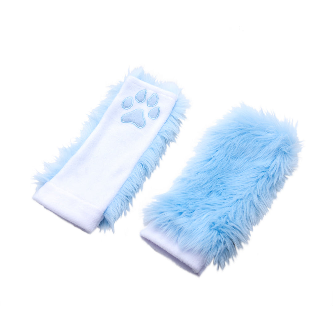 pastel light blue Pawstar PawWarmer furry faux fur paws. great for cosplay or partial fursuit.