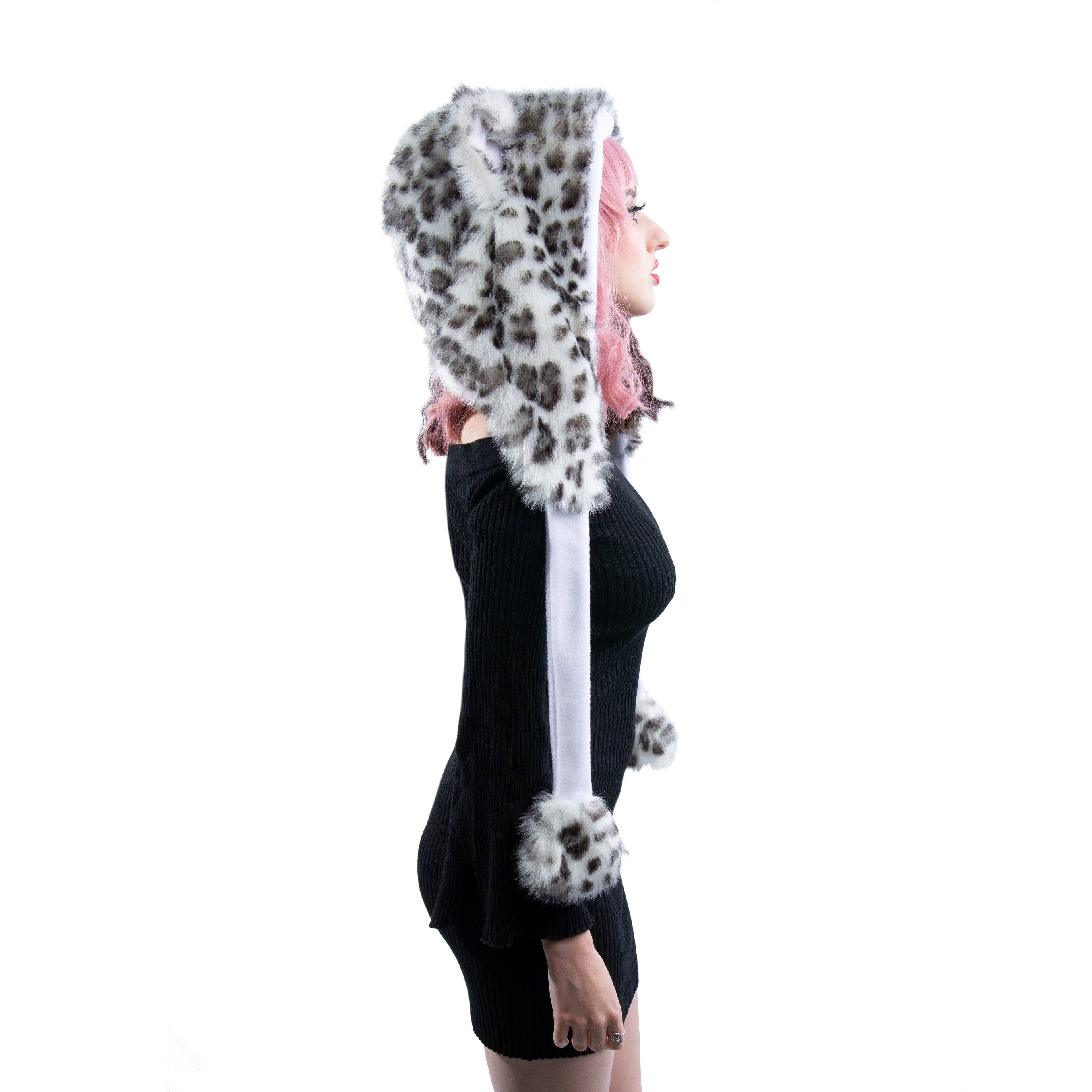 Snow Leopard Fluffy Mew Puffet Hood - Pawstar Pawstar Hoods cat, cosplay, costume, Feline, furry, hat, ship-15, ship-15day