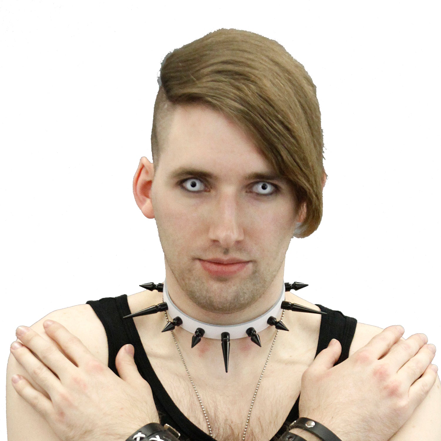 white and black Pawstar long theather spoke collar choker. Great for goth costume cosplay and more.