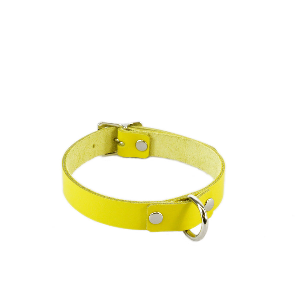 yellow pawstar leather d-ring collar made in the usa of top grain latigo leather for fans of furry cosplay costumes and alt fashion