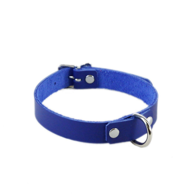 blue leather d-ring collar made in the usa of top grain latigo leather for fans of furry cosplay costumes and alt fashion