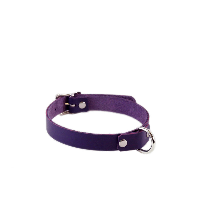 purple leather d-ring collar made in the usa of top grain latigo leather for fans of furry cosplay costumes and alt fashion